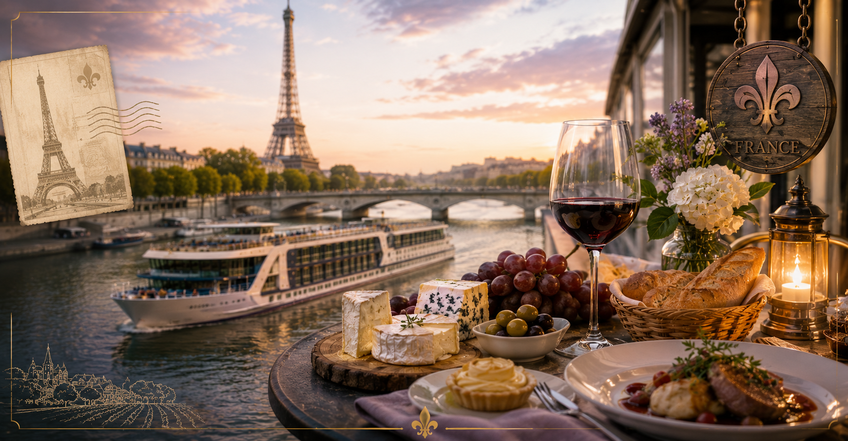Romantic riverside dining in France
